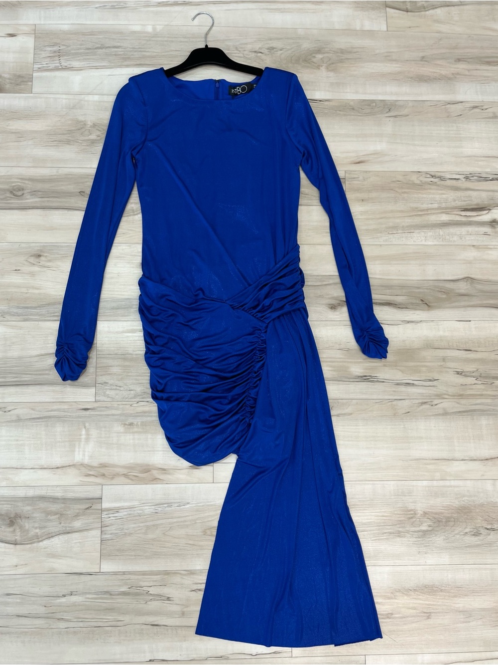 Elegant Royal Blue Long-Sleeve Ruched Asymmetric Dress